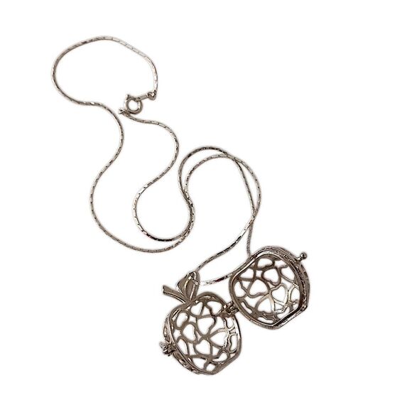Vintage Apple Pendant Necklace Open Work Filigree Cage Clasp Opens Silver Tone. - Picture 6 of 16